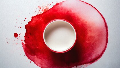 Studio photo of a vibrant red watercolor stain ring on a pristine white background white cup watercolor paint. 