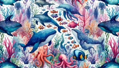 Fototapeta premium Sea animal watercolor pattern Illustration background.