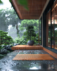 Zen Garden Door Mat, adorned with calming patterns, outside a minimalist home Gentle rain falls, washing away negativity 3D render, overcast lighting, depth of field bokeh effect