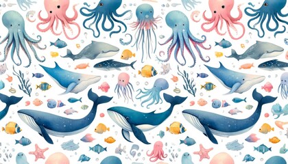Fototapeta premium Sea animal watercolor pattern Illustration background.