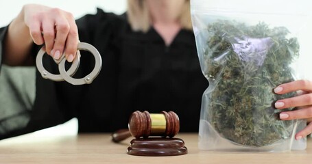 Marijuana and the law and the judge holds a bag of marijuana in court