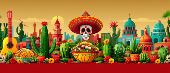 Obraz premium Illustration in honor of the Mexican holiday Cinco de Mayo: chili, sugar skull, taco and others. Illustrations for posters, banners, prints in honor of Mexican holidays
