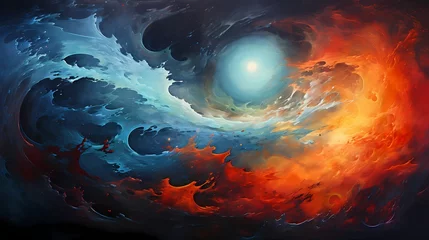 Fotobehang The cosmos ablaze with hues of tangerine and sapphire, swirling in cosmic rhapsody." © Kanwal