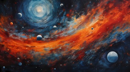 The cosmos ablaze with hues of tangerine and sapphire, swirling in cosmic rhapsody.