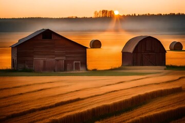 At dawn, two ancient barns situated amidst circular bales of hay on a wheat field. - obrazy, fototapety, plakaty