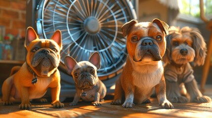 Animated 3D pets of various breeds finding solace by a powerful fan amidst a heatwave - obrazy, fototapety, plakaty