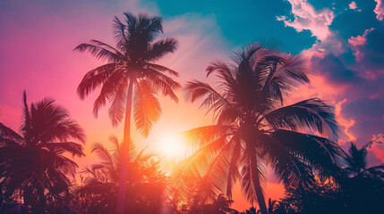 Fototapeta na wymiar Beautiful setting sun through tall palm trees. Summer rest concept in the tropics