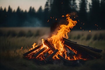 A beautiful shot of a bonfire burning on the field.