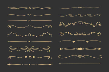 Elegant gold divider thin line classic deco border separator collection isolated on dark background. Florish arnament, embelish.