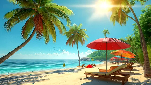 Summer landscape on a sunny beach with palm trees, loungers under umbrellas. Seamless looping 4k time-lapse video animation background 