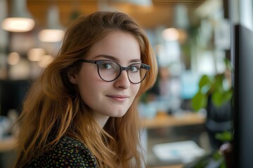 young female content marketing consultant working at a computer in a modern office. she is looking at the camera and smiling. generative AI