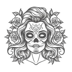 Image of a girl with a sugar skull, flowers. Icon for Mexican events.