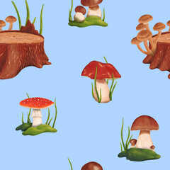 Seamless woodland pattern. Forest glade. a mushroom picker's dream. Edible penny bun and porcini mushrooms. Dangerous and poisonous fly agaric. Autumnal watercolor illustration Blue background