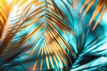 Close-up photo of palm leaves with different light on them. The concept of summer holidays in...