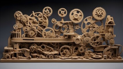 A collection of cogwheels and gears made in clay, representing engineering and equipment