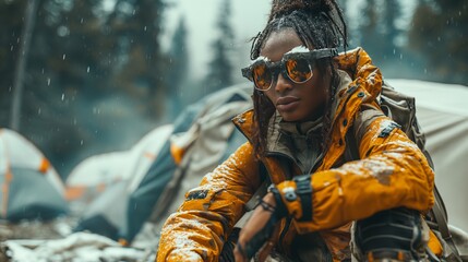 Adventurous woman in winter gear during snowfall