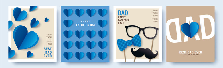 Set of 4 Father's Day greeting cards in modern paper cut style. Vector illustration for cover, poster, banner, flyer and social media. - 780262907