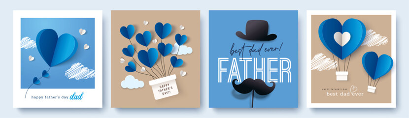 Set of 4 Father's Day greeting cards in modern paper cut style. Vector illustration for cover, poster, banner, flyer and social media. - 780262915