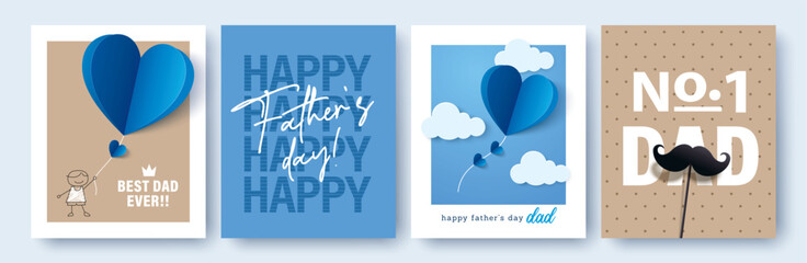 Set of 4 Father's Day greeting cards in modern paper cut style. Vector illustration for cover, poster, banner, flyer and social media. - 780262940