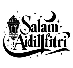 Salam Aidilfitri text vector illustration in black and white. Eid celebration, with lantern, stars and crescent moon