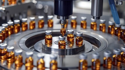 Precision machine fills vials with substance, illustrating the indispensable process in pharmaceutical manufacturing for medicines and vaccines.
