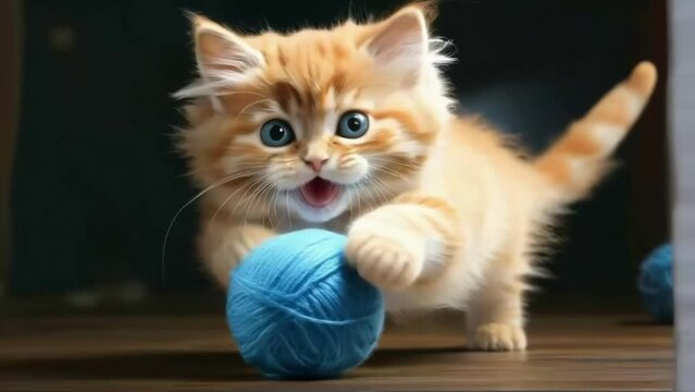 Delighted Kitten Discovering the Joy of Yarn