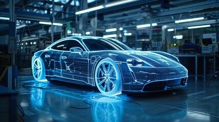 Innovative vistas unfold as a holographic car seamlessly integrates into the fabric of a working factory, signaling a paradigm shift in automotive design and assembly methodologies.
