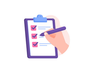 questionnaire concept. survey, collecting information from respondents. provide responses and choose answers. illustration of a hand using a pencil to tick on a form paper on a clipboard. concept