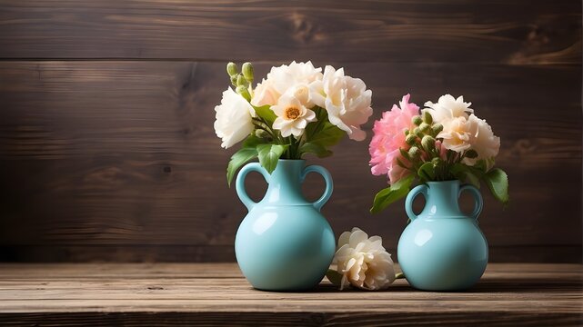 background for text or product display, two little flower-filled beautiful vases set on a wooden surface, copy space