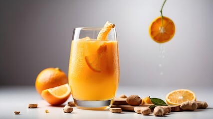 Close-up of a detox drink made of orange and ginger displayed on a white background with room for text or a product advertisement. Happy sun drinking orange juice