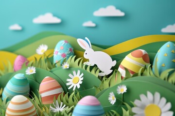 A paper bunny and Easter eggs are surrounded by flowers and plants in a happy meadow. The natural landscape includes grass and petals under a blue sky AIG42E