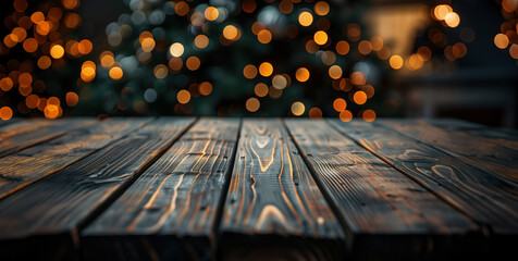Wooden Table With Blurry Christmas Tree in Background - obrazy, fototapety, plakaty