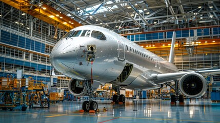 Aerospace component production lines embody precision and efficiency, orchestrating seamless assembly of critical aircraft parts.
