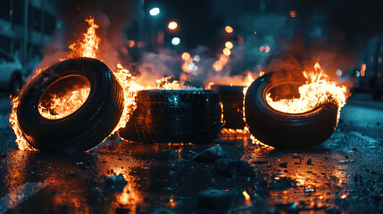 Group of Tires on Top of Street - obrazy, fototapety, plakaty