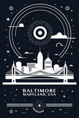 USA Baltimore city vintage poster with abstract cityscape and skyline. Retro vector black and white illustration for Maryland state town, United States of America - obrazy, fototapety, plakaty
