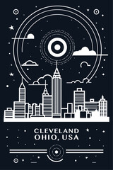 USA Cleveland city vintage poster with abstract cityscape and skyline. Retro vector black and white illustration for Ohio state town, United States of America
