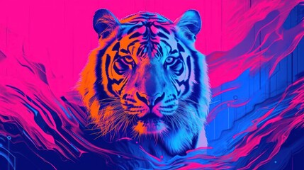Tiger in pop-art style graphic, psychedelic colors swirling around its form, Electric Blue and Neon Pink background - obrazy, fototapety, plakaty