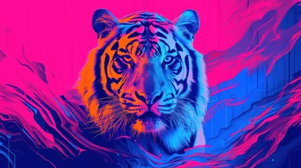Poster Tiger in pop-art style graphic, psychedelic colors swirling around its form, Electric Blue and Neon Pink background © Tina