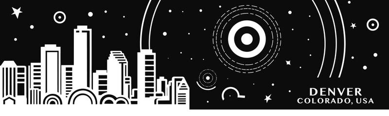 USA Denver city vintage banner with abstract black and white cityscape and skyline. Retro vector horizontal illustration for Colorado state, United States of America