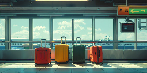 Suitcases in airport departure lounge, ready for travel or business trip. - obrazy, fototapety, plakaty