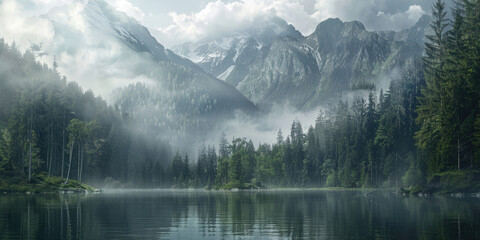 Lake nestled amidst mountains and forests in morning fog