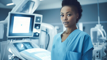 A dark-skinned African American woman in a medical modern bright hospital with modern equipment, where a person undergoes an