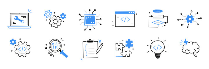 Software code icon doodle set. Hand drawn line sketch software coding doodle. Computer program build technology, data operate, application product test icon. Program build vector illustration - obrazy, fototapety, plakaty