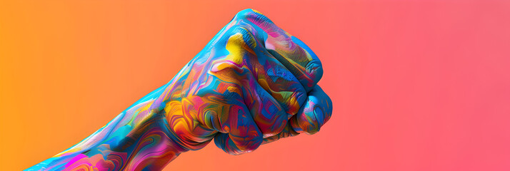 A close up of a fist with a colorful paint on it, Colorful pride day concept illustration.