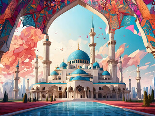 illustration of a stunning digital artwork of a grand mosque with minarets - obrazy, fototapety, plakaty