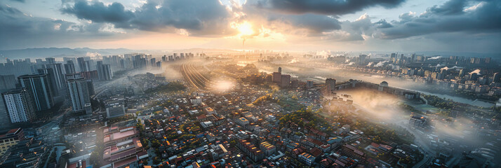 Aerial View of Urban Landscape, Skyline with Green Spaces and Buildings, City from Above - obrazy, fototapety, plakaty