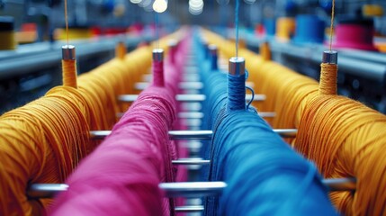 Textile factories employ production lines for weaving, dyeing, printing, and sewing fabric to craft diverse clothing, linens, and textiles.
