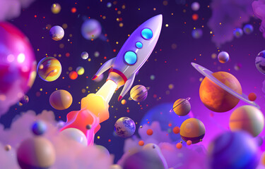 3D Illustration of Exploration space rocket on galaxy background , Imagination creative for kid concept.
