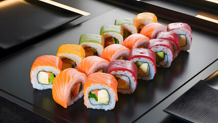 Rainbow Sushi Roll with salmon, eel, tuna, avocado, royal prawn, cream cheese Philadelphia, caviar tobica, chuka. Sushi menu. Japanese food.