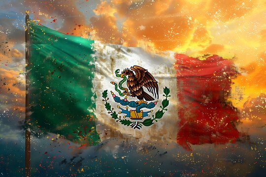Majestic Mexican Flag Billowing with Pride Against a Fiery Sky, a Tribute to Cinco de Mayo's Brave History
